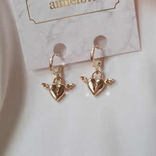 ♥ เครื่องประดับ รูปแอมเมลบี้ สไตล์เกาหลี ♥ Angelic Heart Lock Huggies ต่างหู - Gold ver.