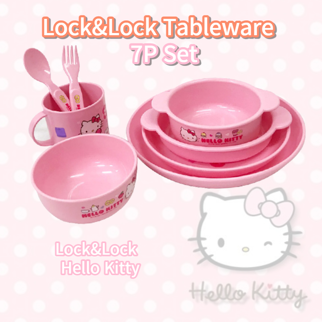 Lock&amp;lock Sanrio 7P ชุดเครื่องใช้บนโต๊ะอาหาร ลาย Hello Kitty สําหรับเด็ก ของขวัญสนุก มื้ออาหารสําหรับเด็ก ชามและจาน Hello Kitty