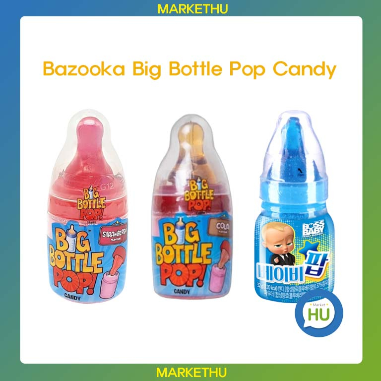 Bazooka ลูกอมป๊อป ขวดใหญ่ สตรอเบอร์รี่ หรือองุ่น หรือโคล่า สุ่มบอส เบบี้ป๊อป 32 กรัม / ขนมเกาหลี