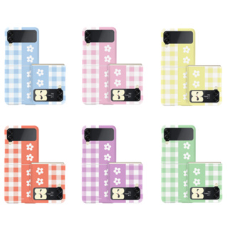 เคสแข็ง ลายตารางหมากรุก ดอกไม้ สีฟ้า ชมพู ม่วง เหลือง เขียว น่ารัก สําหรับ galaxy z flip 5 4 3 (6 สี) flip5