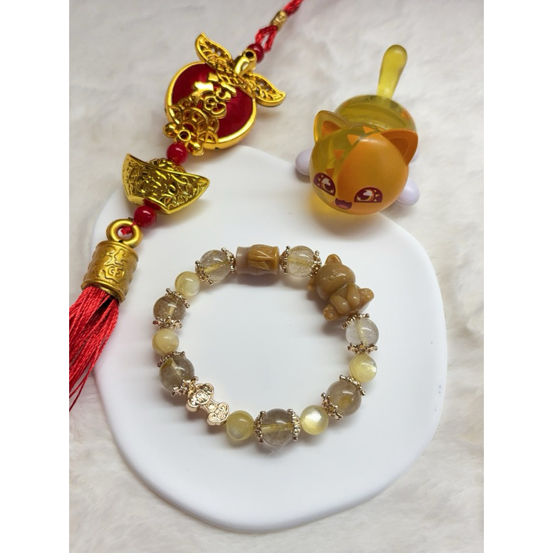 Golden Rutilated Quartz & Golden Lepidolite - Bamboo & Bear - สร้อยข้อมือคริสตัล