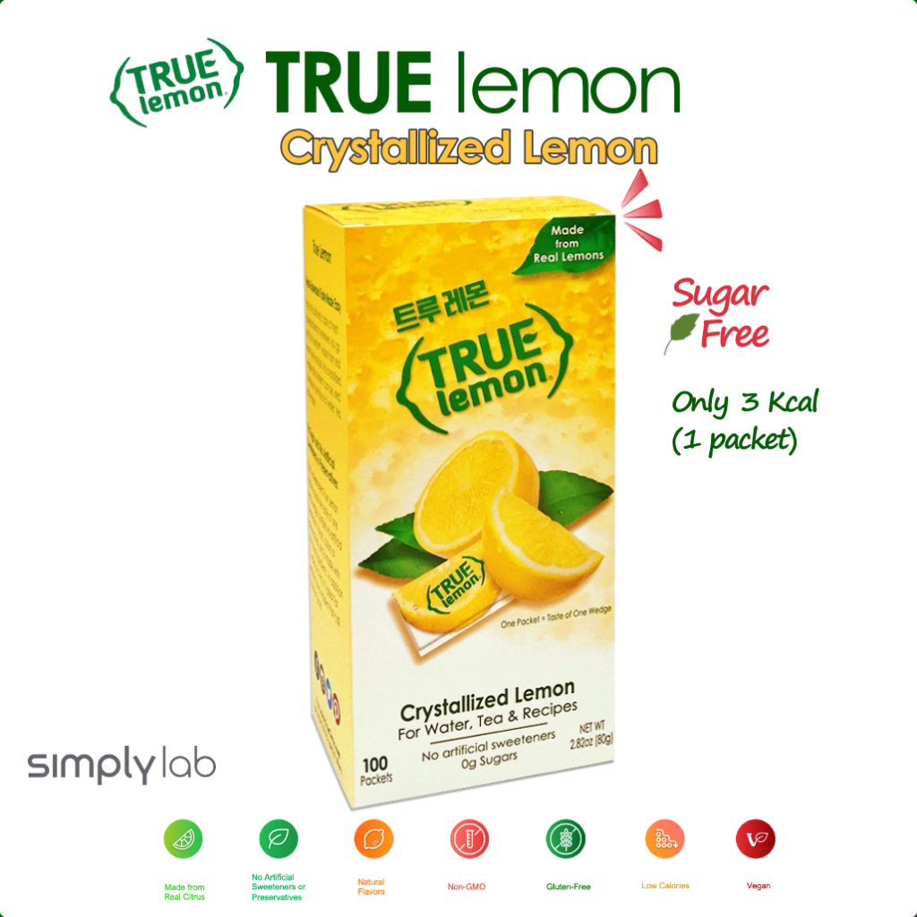 [True Lemon] ผงมะนาว คริสตัลบริสุทธิ์ ไร้น้ําตาล ไม่มีจีเอ็มโอ ไม่มีสารให้ความหวานเทียม 80 กรัม (0.8 กรัม x 100 ซอง)