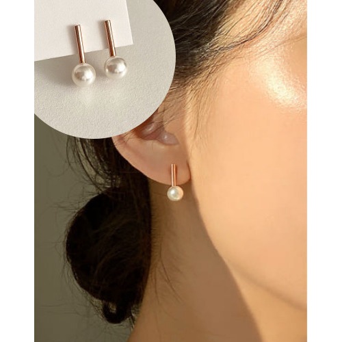เงินสเตอร์ลิง 925 Made in Korea Rose Gold Swarovski Pearl Stick ต่างหู