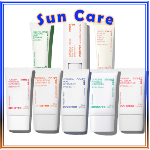 Innisfree Sun Care (UV-Active , Hyaluron Moist , Tone-Up No-sebum , Intensive Long Lasting, Tone Up Watering, Intensive Leisure Stick)