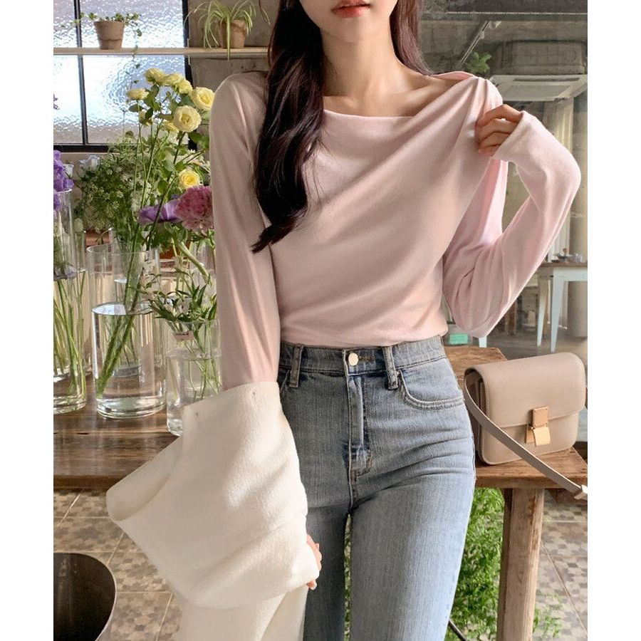 Sts44130 /563758 เสื้อยืดแขนยาวผ้าเดรปคอเรือ