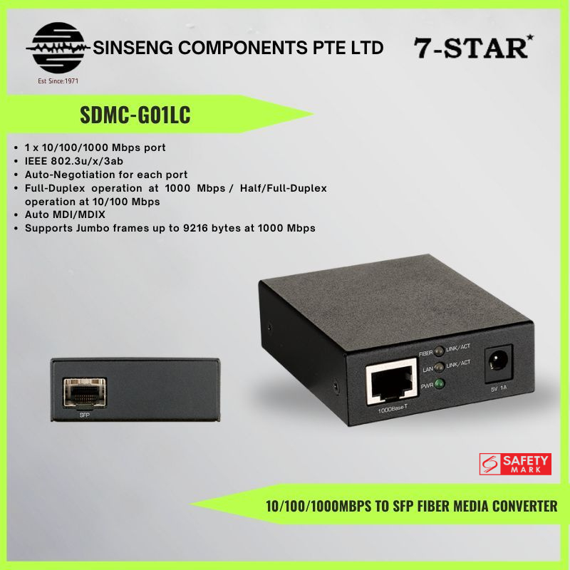 7 STAR* 10/100/1000Mbps to SFP Fiber Media Converter with Safety Mark [Model:SDMC-G01LC]