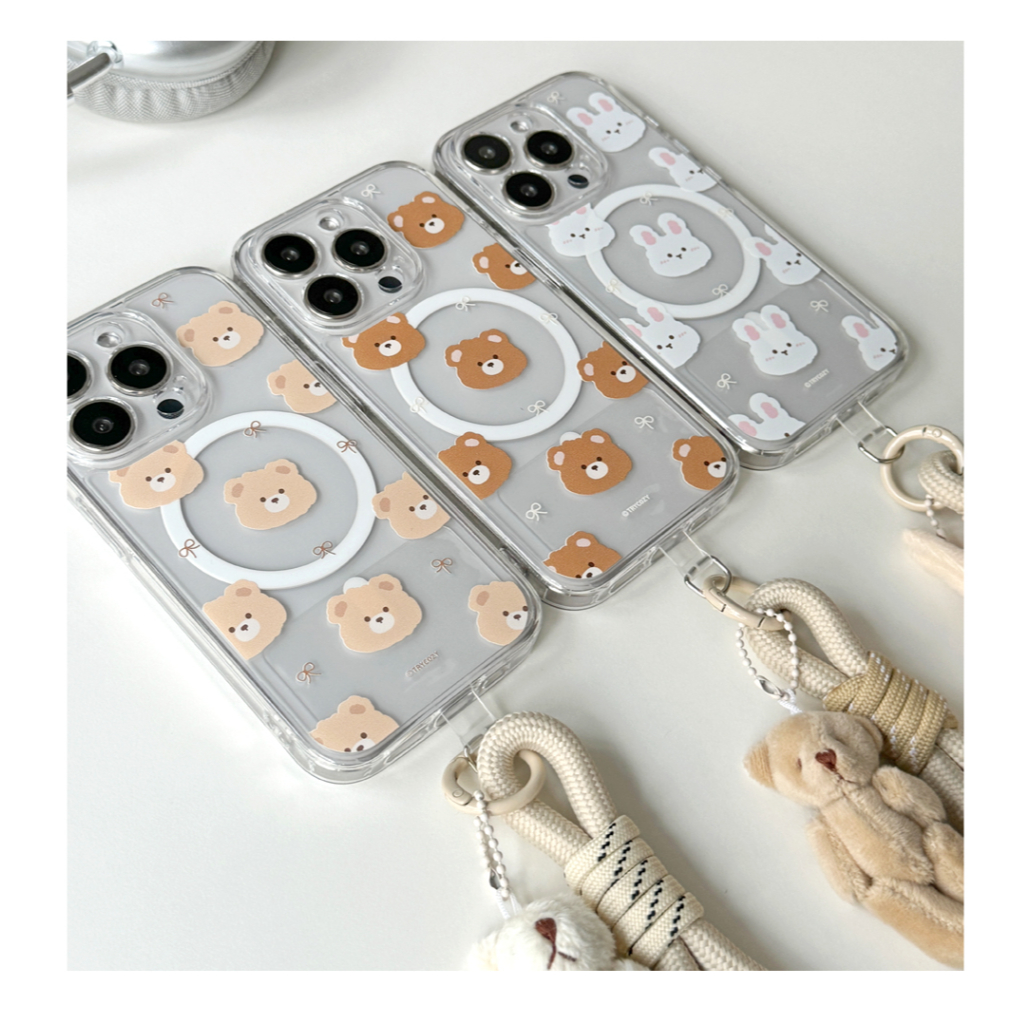 🇰🇷 เข้ากันได้กับ iPhone 16 Series เคสโทรศัพท์เกาหลี  "Fuzzy Bear Ribbon" Magnetic Clear Strap Keyrin