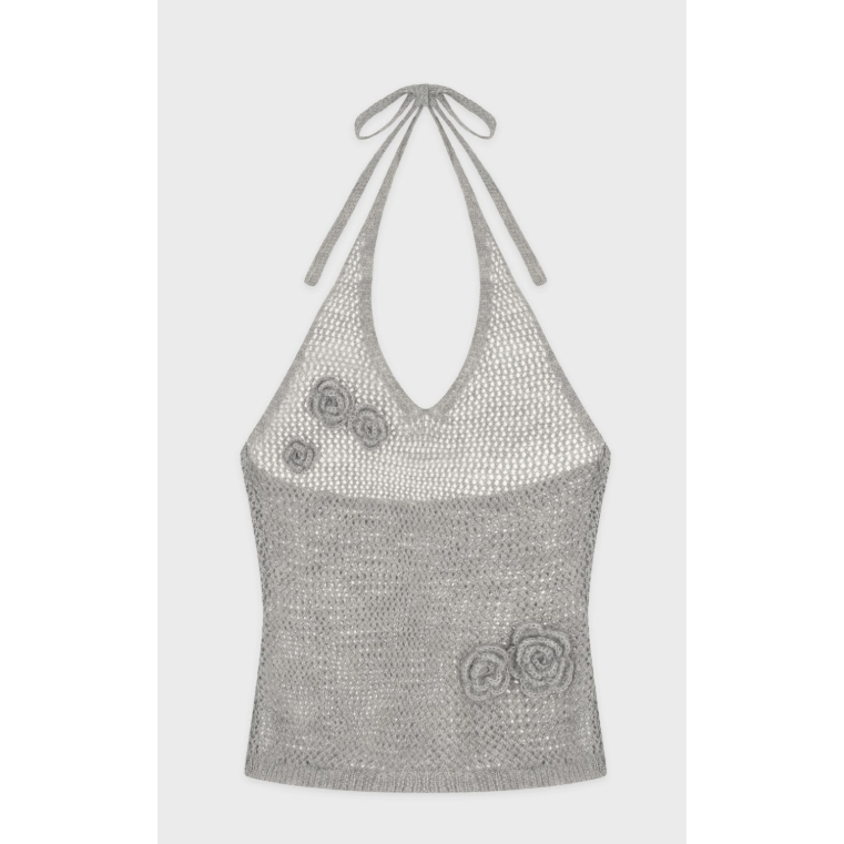 [SEULGI LOOKS] เสื้อกั๊กถักคอเชือกแขวนคอดอกไม้ สีเทาเมลังจ์ SINOON