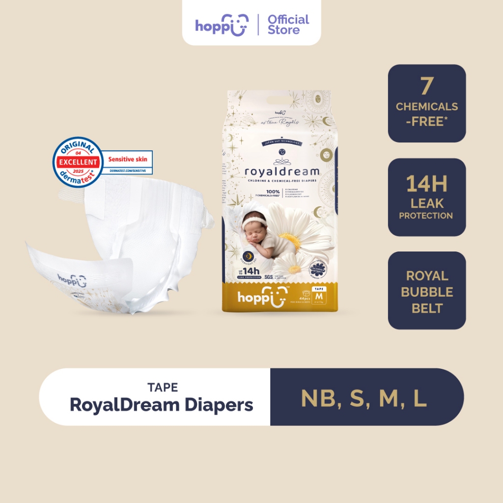 Hoppi RoyalDream เทปผ้าอ้อมเด็ก NB66/S56/M44/L40 (1 แพ็ค) 100% 7 สารเคมี-ฟรี*