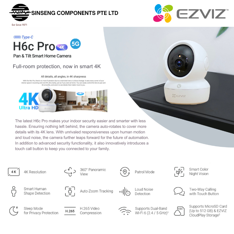 EZVIZ H6c Pro 4K 8MP กล้อง IP ไร้สาย Ultra HD – 2.4/5GHz Dual Band WiFi Pan & Tilt Type-C การตรวจจับ