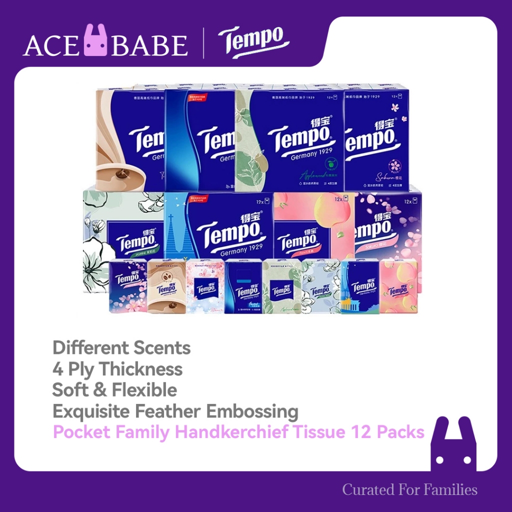 Tempo 4PLY Pocket Hanky Family ผ้าเช็ดหน้าทิชชู่ 12pkg Classics/Apple/Sakura/Jasmine/Peach Flavour
