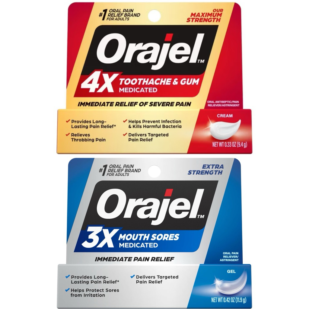 Orajel 3X Medicated for Mouth Sores & 4X สําหรับอาการปวดฟันและเหงือก, หลอด 9.4g 0.33oz