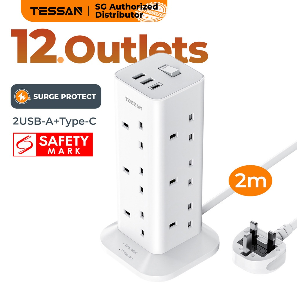 TESSAN - SG Safety Mark, 12 Ways Outlet Extension Multi Tower Plug with USB C Socket, Surge Protecto