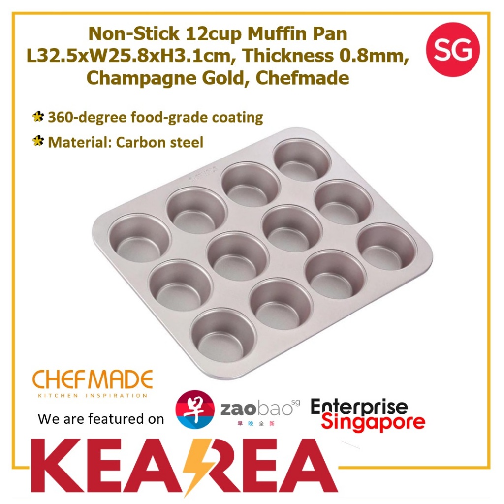 Chefmade กระทะมัฟฟินแชมเปญโกลด์ Non-Stick 12cup L32.5xW25.8xH3.1cm ความหนา 0.8mm