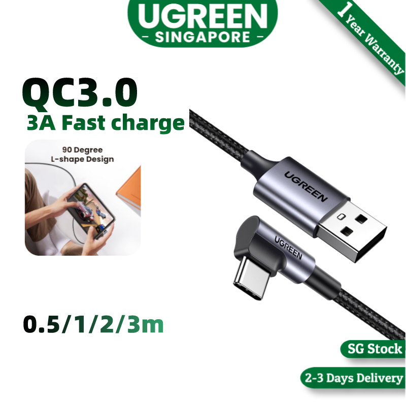 UGREEN สาย USB C มุมขวาสาย USB A ถึง Type C เข้ากันได้กับ iPhone 15/15 Plus/15 Pro/15 Pro Max/Galaxy