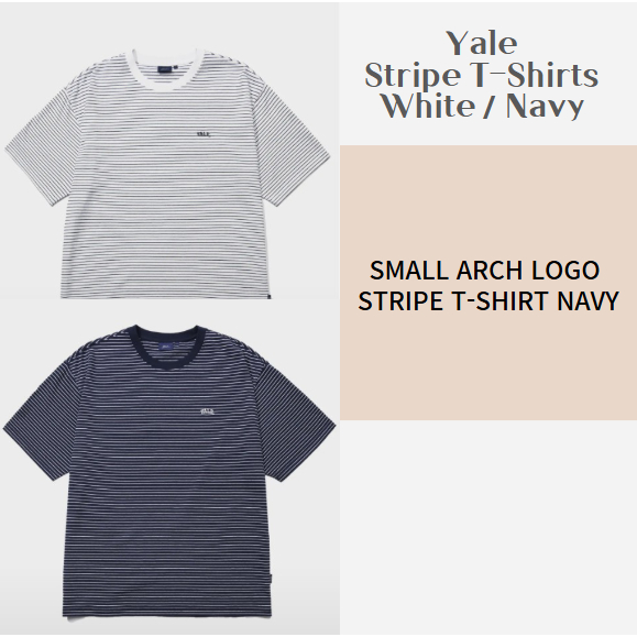 [YALE] Yale SMALL ARCH LOGO STRIPE T-SHIRT เสื้อยืด Unisex สีขาว/กรมท่า