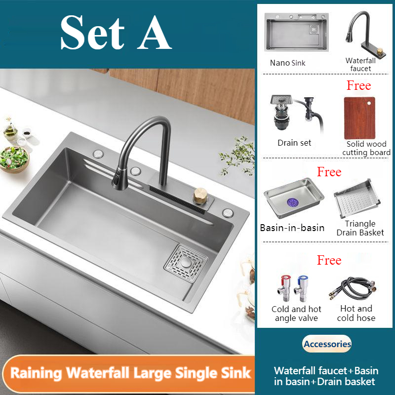 Pre-order 30 วัน 68A/72D [BLK SG GREY 80A, สต็อกในพื้นที่] น้ําตก Nano Kitchen Sink 304 SUS Single B