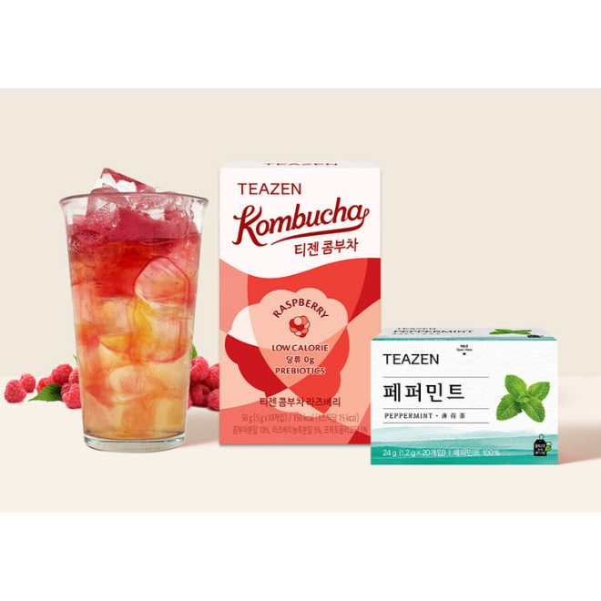 Teazen Kombucha Raspberry 10 แท่ง + ถุงชาเปปเปอร์มินต์ 20 ชิ้น