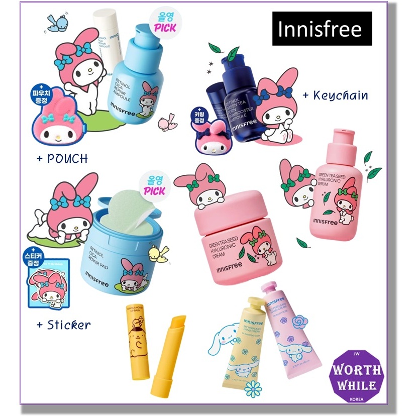 Innisfree x My Melody RETINOL CICA REPAIR AMPOULE, PAD, GREEN TEA PDRN BOOSTER AMPOULE, ครีมทามือ, ลิปบาล์ม