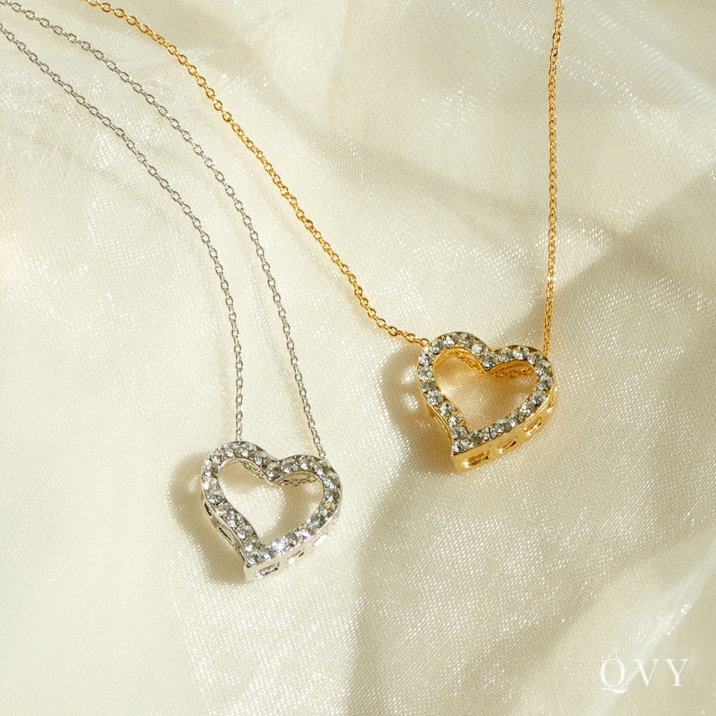 QVY สร้อยคอจี้หัวใจเปิด CZ ชุบทอง 14K คิวบิก ซิริโคเนีย จี้หัวใจลอย [PHN-L]