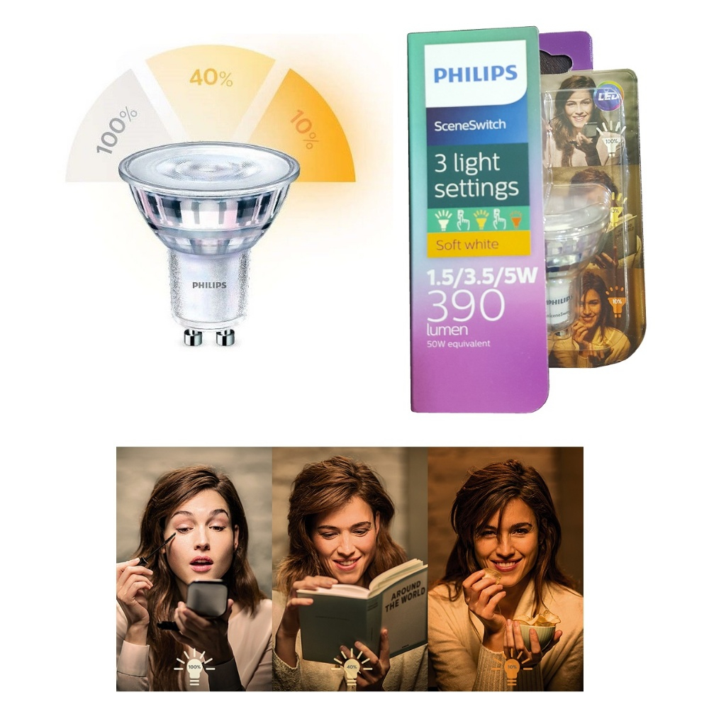 Philips เปลี่ยนความสว่าง GU10 หลอดไฟ LED สําหรับไฟส่องเฉพาะจุดและไฟติดตาม