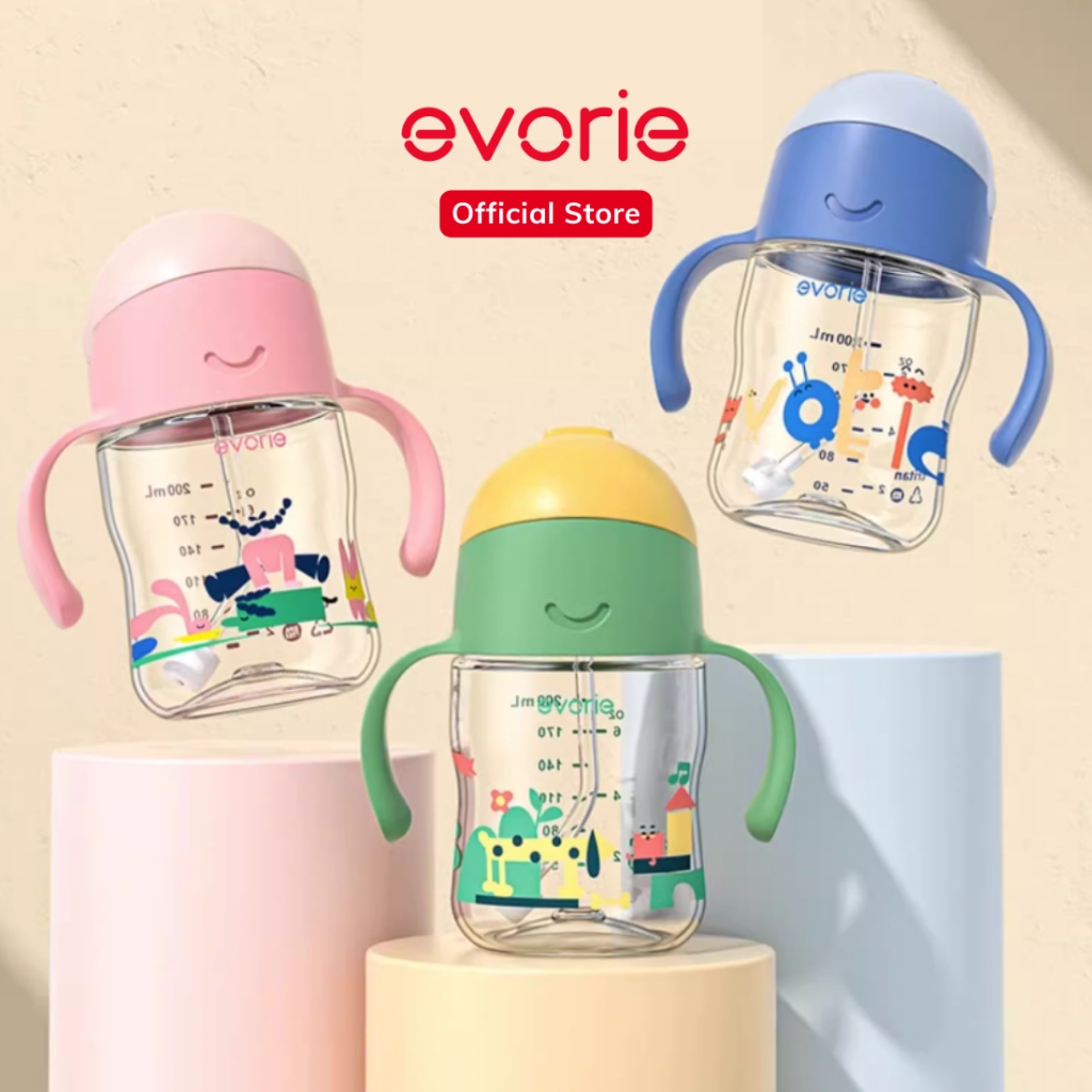Evorie Tritan Weighted Straw Sippy Cup สําหรับทารกและเด็กเล็ก 6 เดือน + 200mL สีชมพู สีฟ้า และสีเขีย