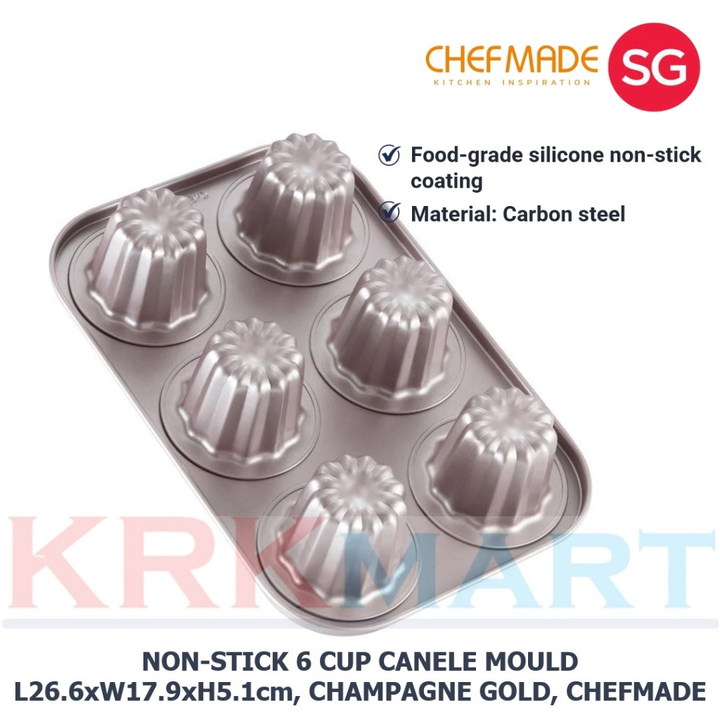 CHEFMADE CHAMPAGNE GOLD NON-STICK 6CUP CANELE MOULD L26.6xW17.9xH5.1cm