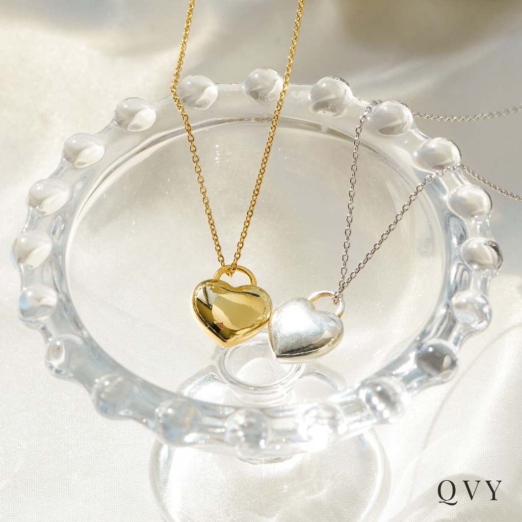 QVY สร้อยคอจี้หัวใจพองแบบละเอียด เคลือบทอง 14K แบบหนา [HN-B]