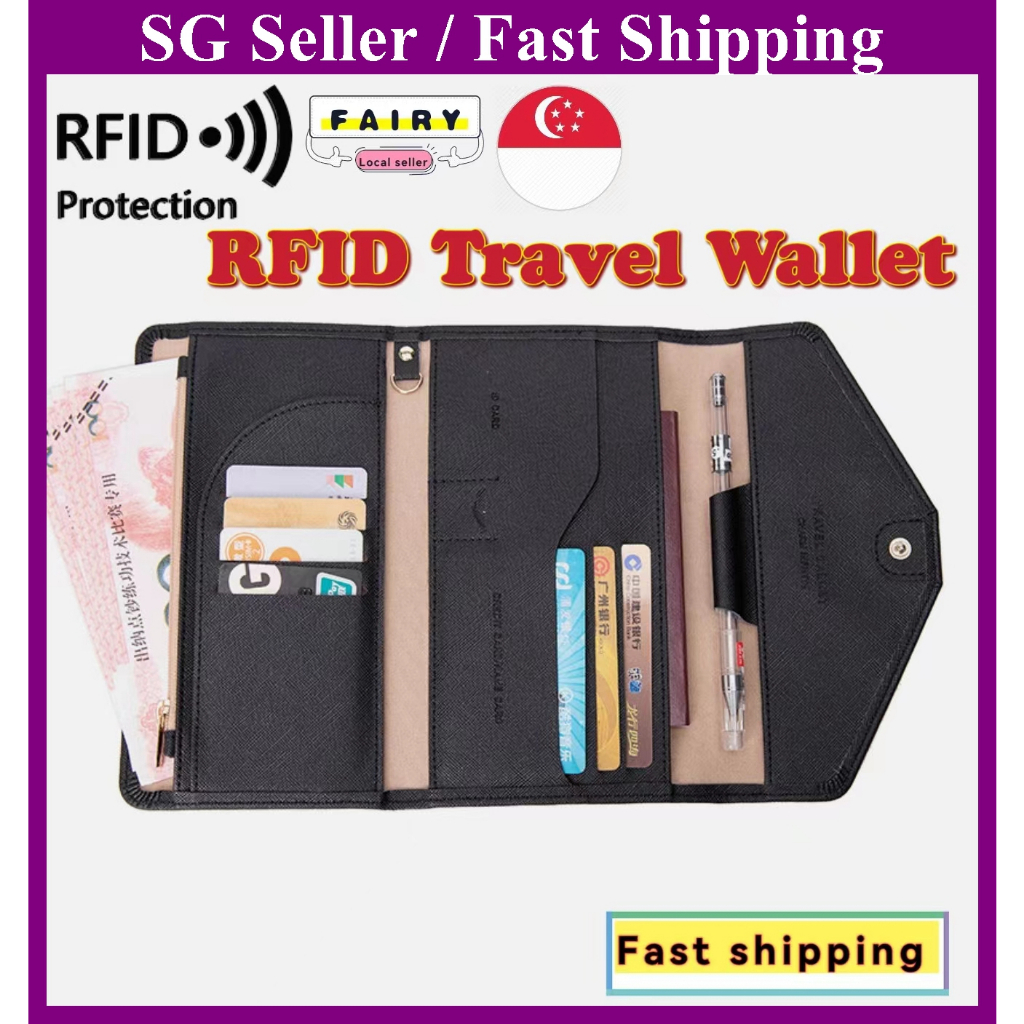 (ผู้ขาย SG) Ladies Passport Holder Travel Wallet Long PU Zipper Solid Color Travel Wallet Large-capa