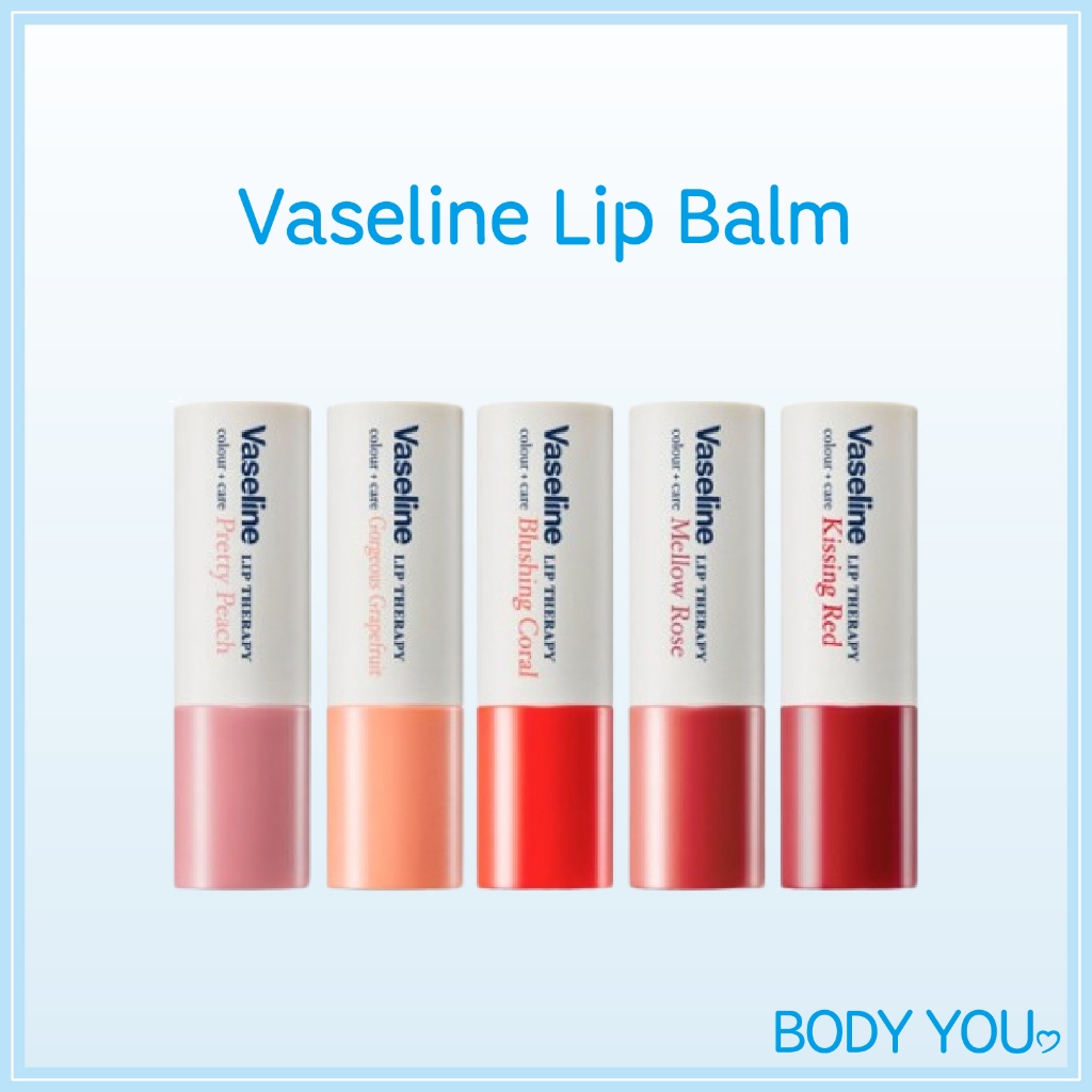 VASELINE [วาสลีน] ลิปสติก ลิปบาล์ม Therapy Colour + Care 4.2g (Pretty Peach ฯลฯ 5 สี) Kissing Red, Blushing Coral, Mellow Rose, Pretty Peach, Gorgeous