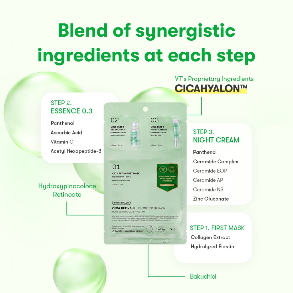 [VT] CICA RETI-A ALL IN ONE 3STEP MASK Retinol 0.3%, Panthenol, Ceramide Complex, วิตามินซี, บำรุงรูขุมขนและผิว <Official Flagship> — صورة 4