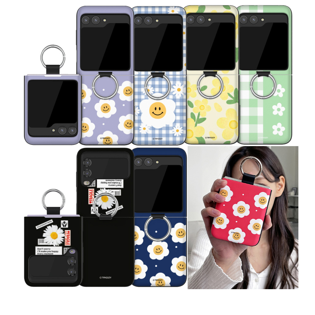 เกาหลี GALAXY{Z FLIP6/Z FLIP5/Z FLIP4/Z FLIP3}เคสโทรศัพท์การ์ดกันชนประตูแหวนมือ Daisy Label FLOWER