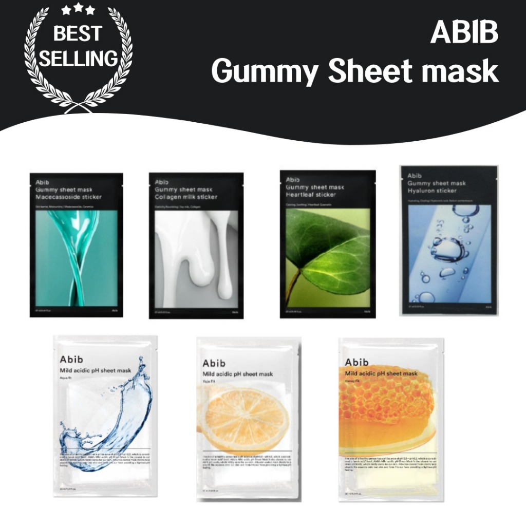 Abib Gummy Sheet Mask - สติกเกอร์ Madecassoside, สติกเกอร์นม, สติกเกอร์ใบหัวใจ, สติกเกอร์ไฮยารูลอน, กรดอ่อน PH Aqua Fit, Yuja Fit, Honey Fit Skin ยืดหยุ่น, ให้ความชุ่มชื้น, ผ่อนคลาย