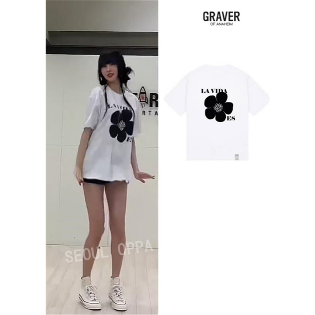 Korea GRAVER] [UNISEX] เสื้อยืด พิมพ์ลายโลโก้ดอกไม้ หน้ายิ้ม / YUJU pick ของแท้ 100%