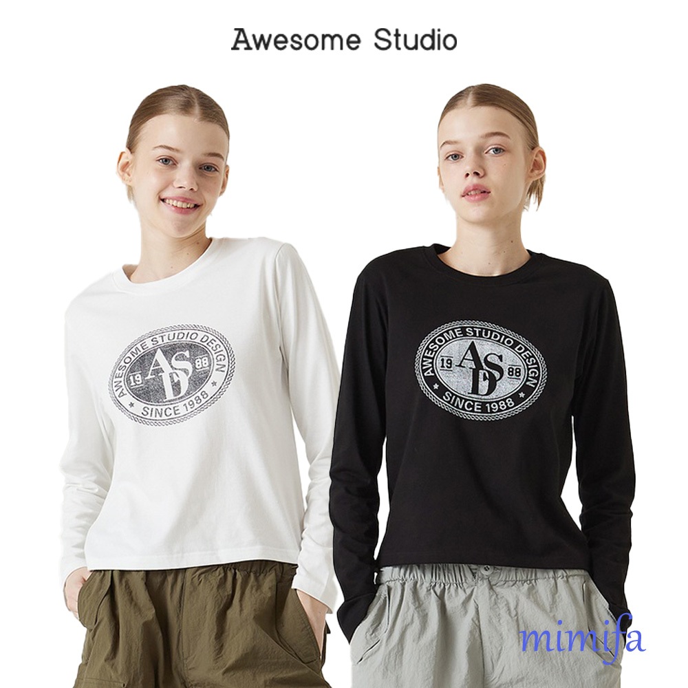 Awesome STUDIO เสื้อยืด แขนยาว วงกลม เข้ารูป สัญลักษณ์ AWESOME