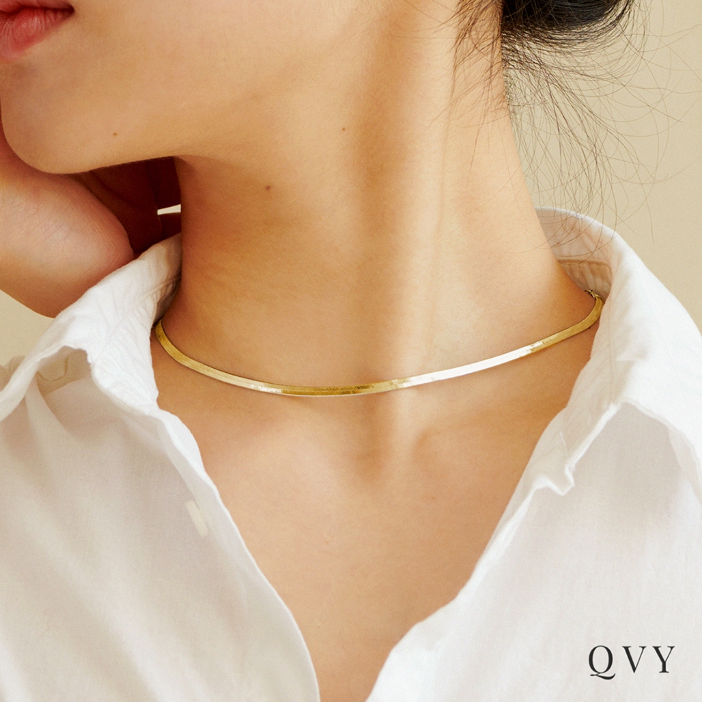 QVY สร้อยคอเฮอริงโบน เคลือบทอง 14K สายโซ่งู 3 มม. สำหรับใส่ซ้อน ของขวัญเครื่องประดับ [HRB-1]
