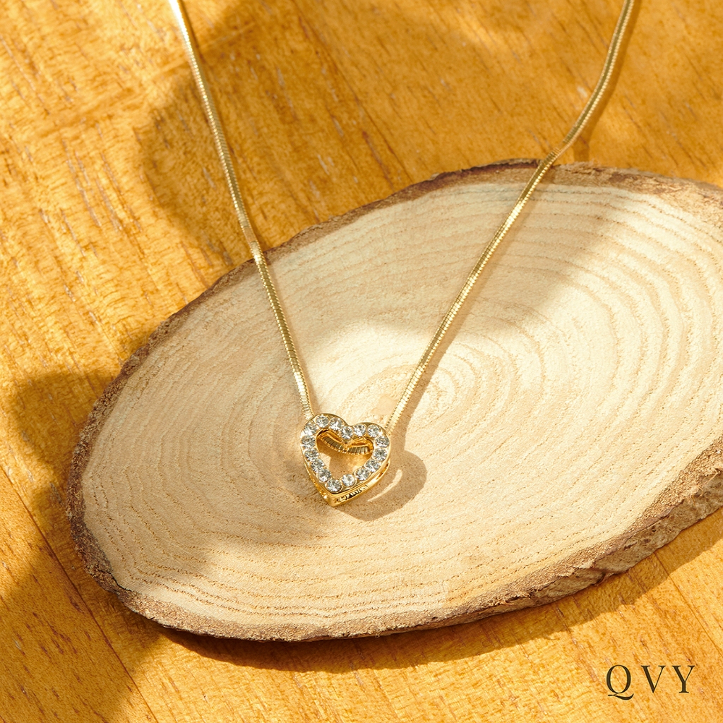 QVY สร้อยคอหัวใจเปิดดีไซน์ประณีต สายสร้อยเชือกงู จี้เสน่ห์คิวบิก ซิริโคเนีย [PHN-S]