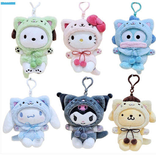 Sanrio แท้ 13 ซม.Kuromi Cinnamoroll Pompom Purin Hello Kitty My Melody Pochacco ลูกแมวตุ๊กตาของเล่นพวงกุญแจแหวนกระเป๋า