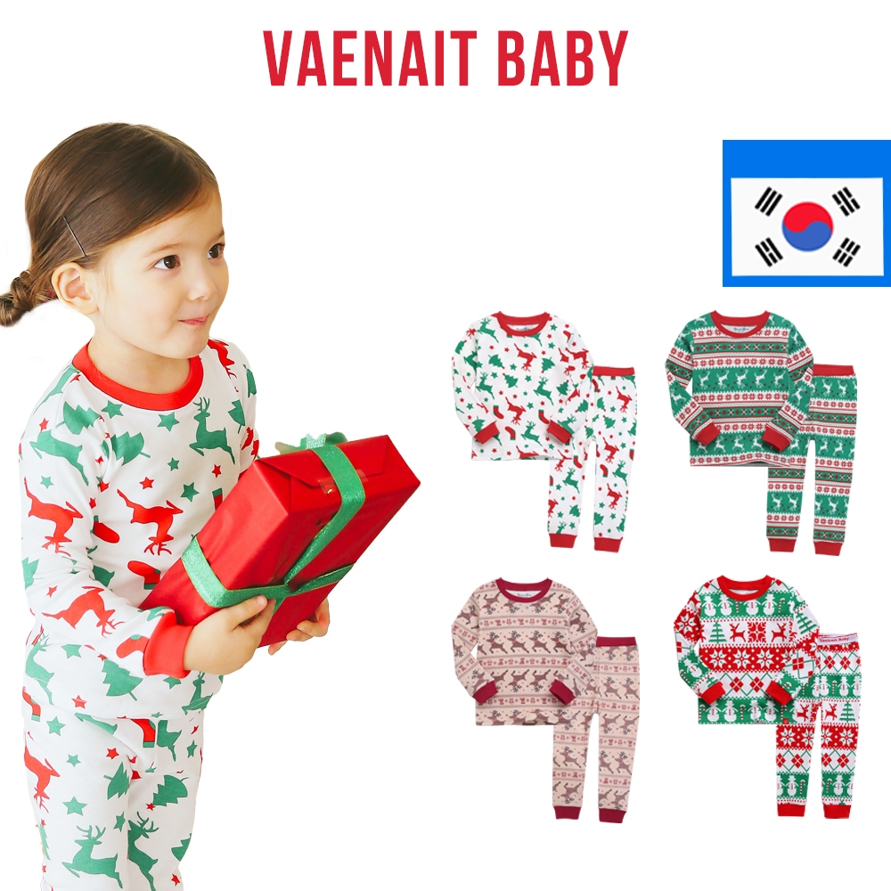 Vaenait BABY 6M-12Y ชุดนอนผ้าฝ้าย ลายคริสต์มาส ตรวจสอบ X-Mas วันหยุด สําหรับเด็กวัยหัดเดิน Set3