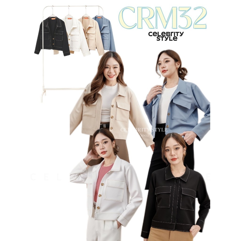 CRM32 เสื้อแจ็คเก็ตทรงครอปเนื้อผ้านุ่มใส่สบายมีความยืดหยุ่นใส่สบาย เสื้อแขนแยว เสื้อครอป