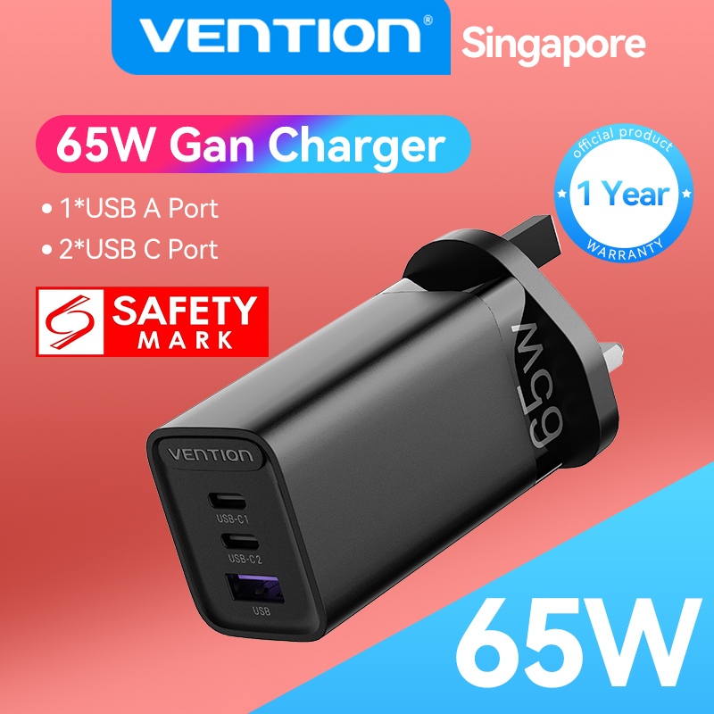 Vention 65W GaN Charger UK Plug 3 พอร์ต Turbo Charging Power Adapter QC4.0 3.0 PD 3.0 Fast Charger T