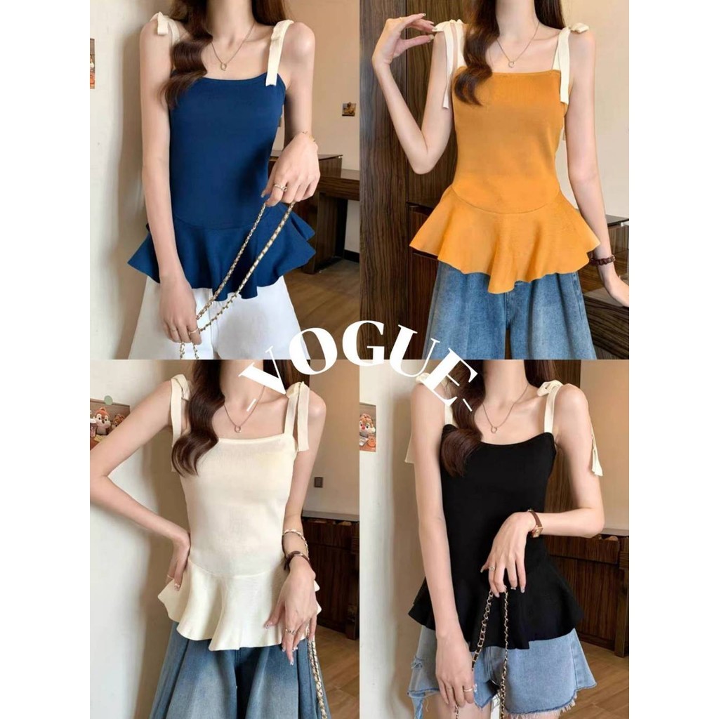 Vogue🌟พร้อมส่ง🌟 เสื้อกล้ามถักจับจีบ เสื้อกล้ามคอเหลี่ยมเซ็กซี่ผิดปกติ ตกแต่งโบว์ (BKD0995)