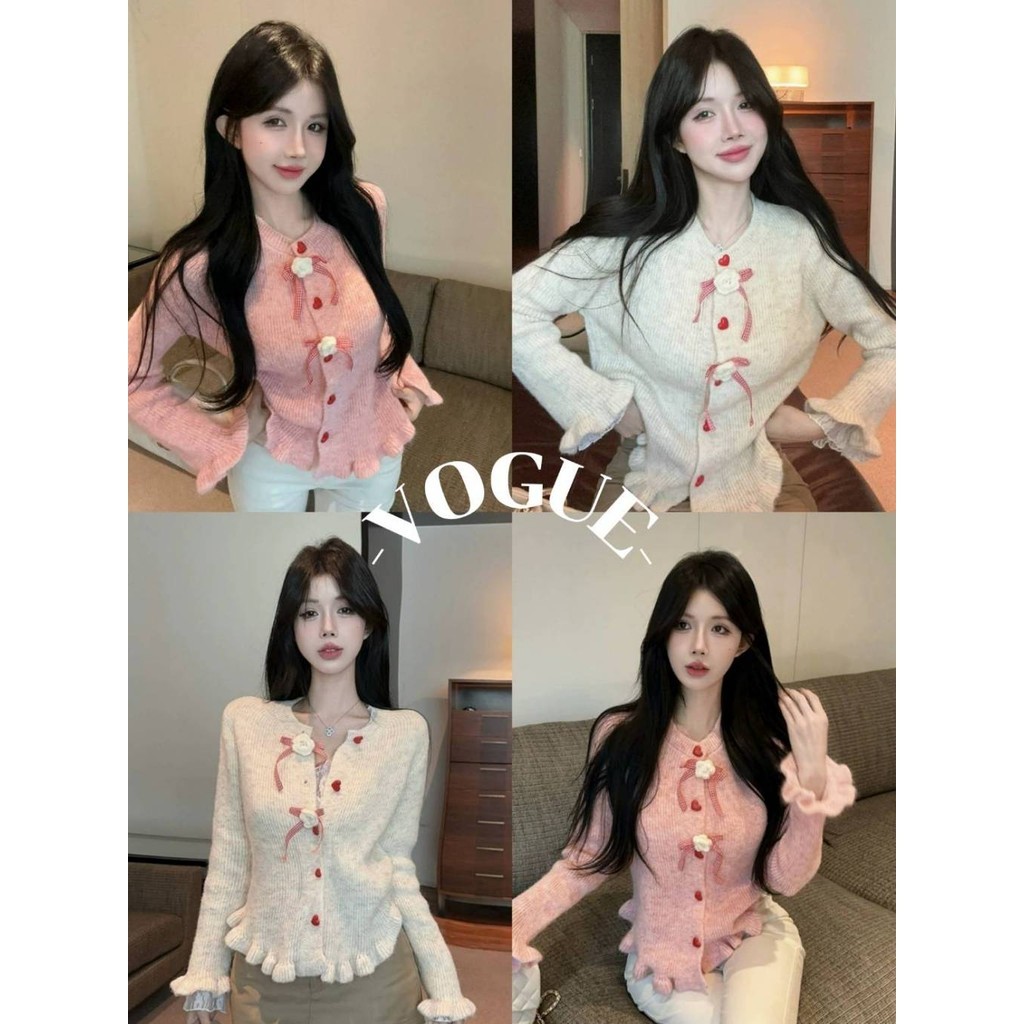 Vogue🌟พร้อมส่ง🌟 เสื้อถักไหมพรมแขนยาง คอกลม กระดุมหน้า สีพาสเทล (CL1075)