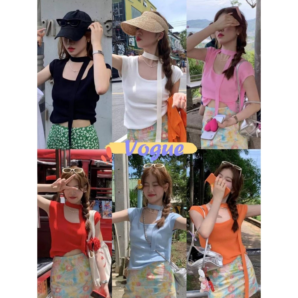 Vogue🌟พร้อมส่ง🌟 คอเหลี่ยมแขนสั้น แขนสั้นคล้องคอ เก๋ไก๋และสวยงาม (YT18)
