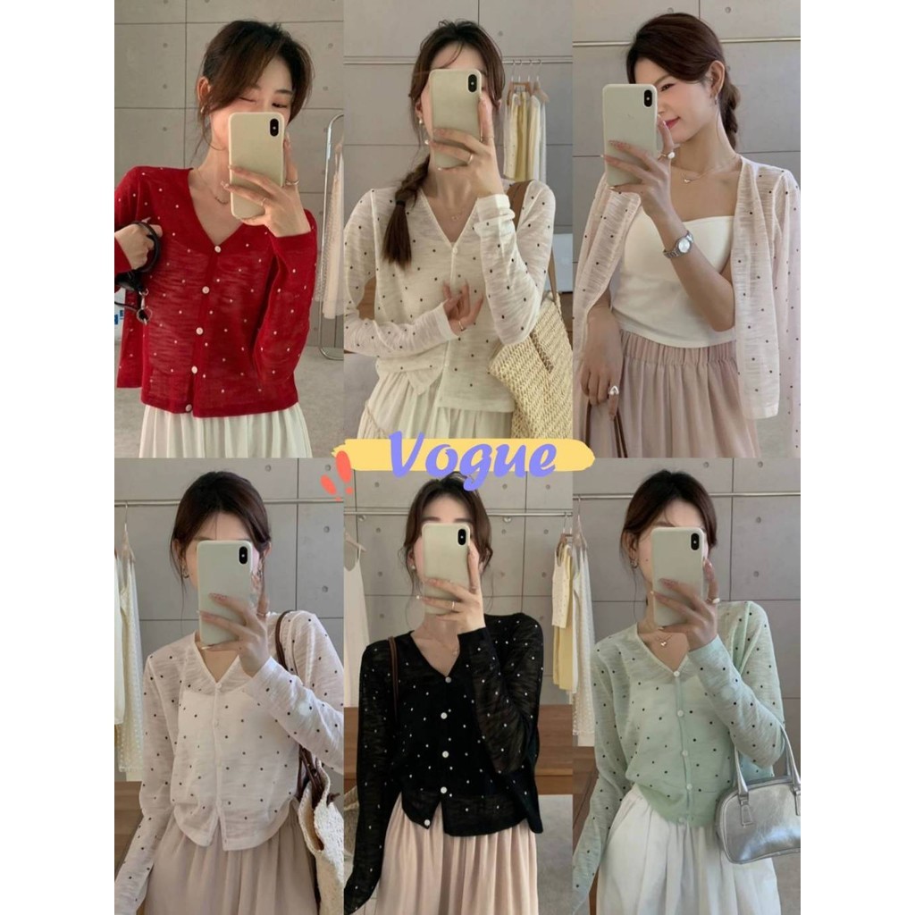 Vogue🌟พร้อมส่ง🌟 เสื้อไหมพรมแขนสั้น คอดลม ดีเทลกระดุมด้านหน้า ผ้าซีทรูเบาบาง (Q26)