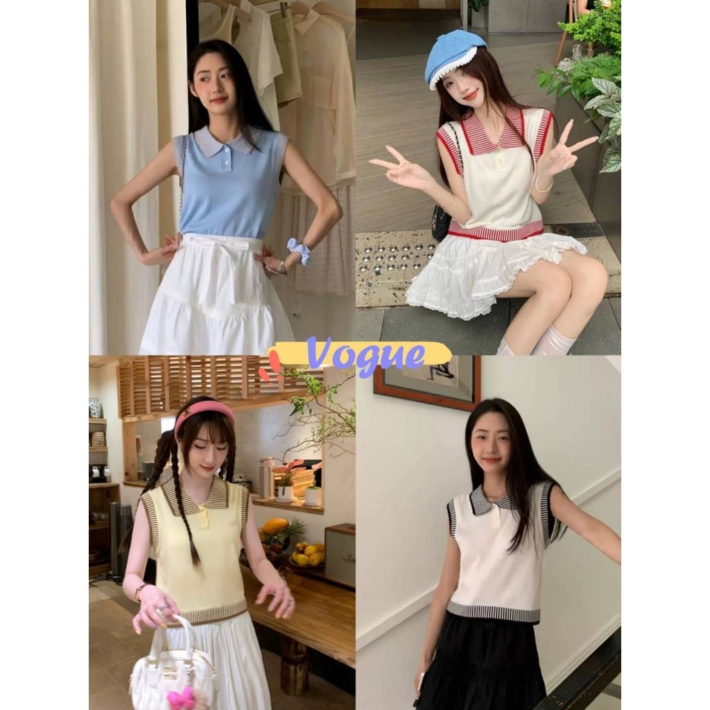 Vogue🌟พร้อมส่ง🌟 เสื้อกล้ามไหมพรม คอปก ดีเทลแต้งขอบลายทาง สีพทาสเทล (N062)