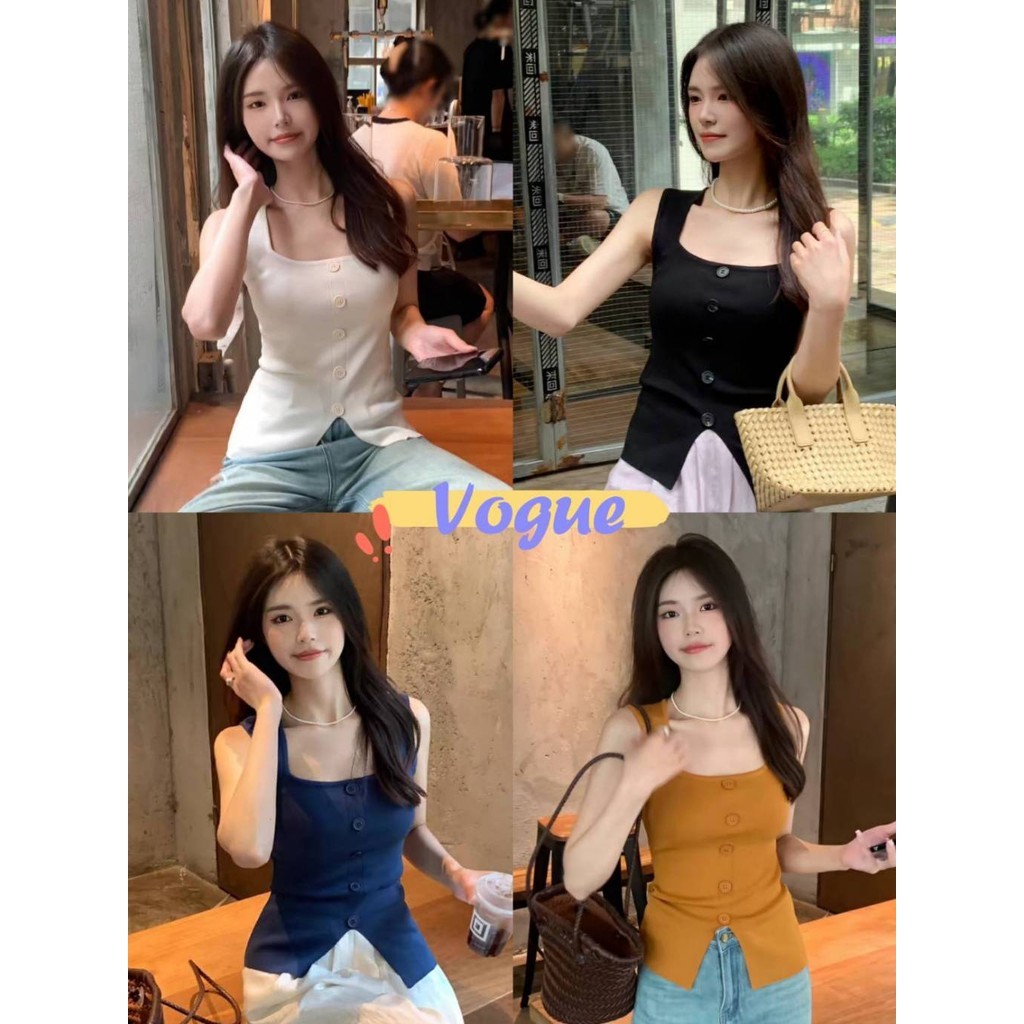 Vogue🌟พร้อมส่ง🌟 เสื้อกล้ามไหมพรม แต่งกระดุม สีพื้นยืดตามตัว ใส่ง่าย (Z31)