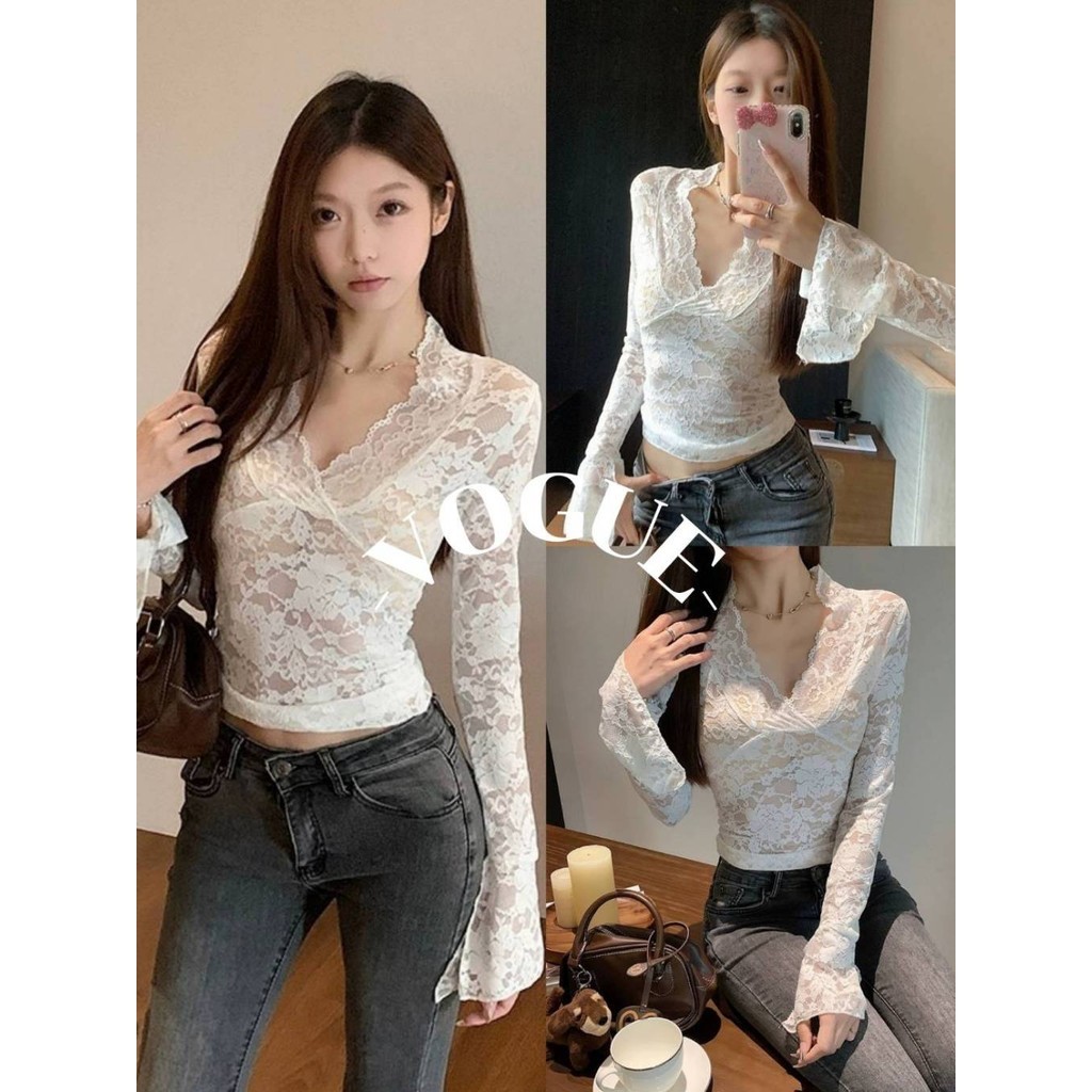 Vogue🌟พร้อมส่ง🌟 เสื้อลูกไม้สีขาวแขนยาวคอวี เสื้อแขนยาวสีขาวเซ็กซี่ด้านใน ลูกไม้ (FY2019)