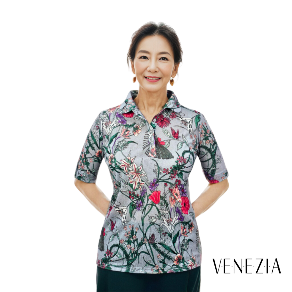 [VENEZIA] เสื้อยืด คอกลม แขนครึ่ง พิมพ์ลายดอกไม้ (LB-601)