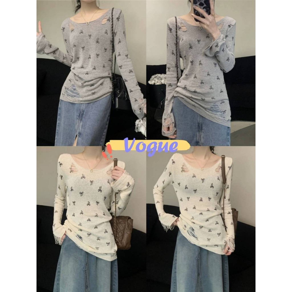 Vogue🌟พร้อมส่ง🌟 เสื้อไหมพรมแขนยาว คอกลม ดีเทลซีทรู ลายโบว์ (Y6526)